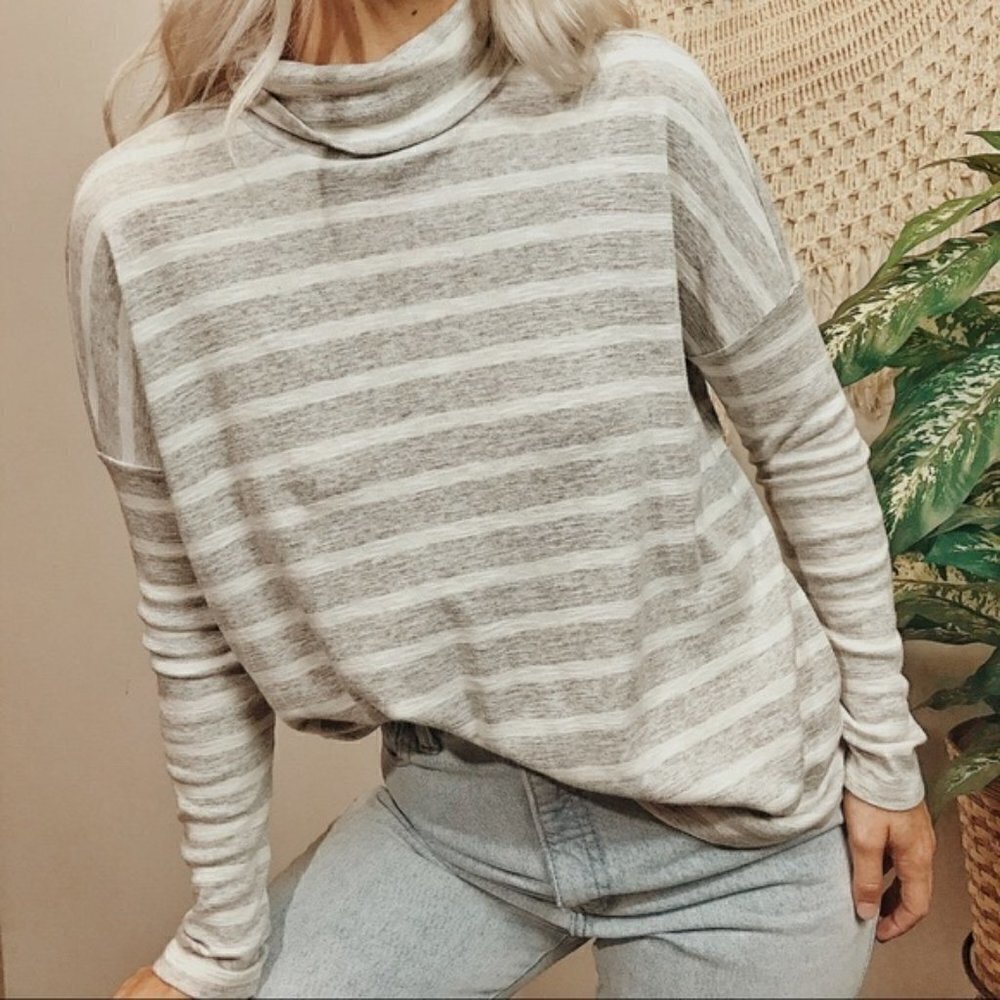 Aerie Gray & White Stripe Turtleneck Drop Shoulder Long Sleeve Top S
